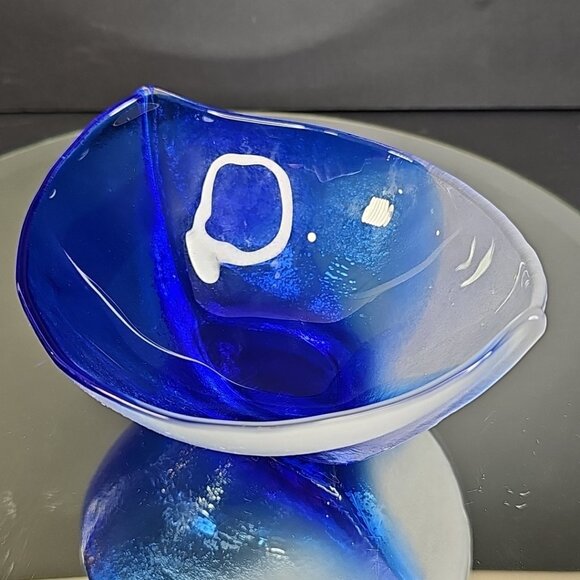 Mats Jonasson Hand Blown Glass Cobalt Blue White Dish Bowl Signed Nautical Ship - Picture 7 of 15